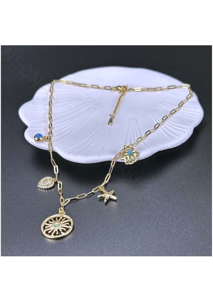 Yıldız, Göz, Kalp, Güneş, Fatma Ana Eli, Paslanmaz Çelik Kolye 345,altın Renk fırsatları