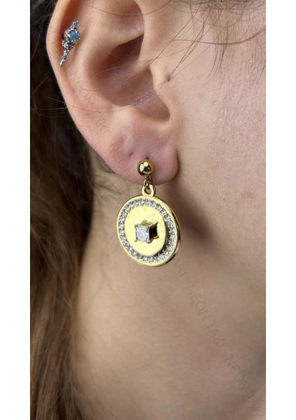 Xxx Zirkon Taşlı, Sallantılı Daire Model, Paslanmaz Çelik Küpe 263 Altın Renk