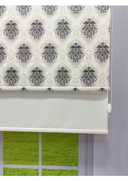 Gri Damask Desenli Çift Mekanizmalı Tül ve Stor Perde - Simli Kumaş, Simli Stor Perde fırsatları
