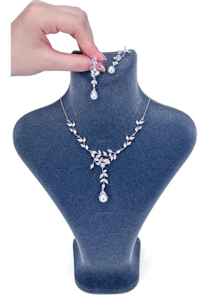 Zirkon Taşlı, Rodyum Kaplama Kolye Küpe Seti 60, Gümüş Renk