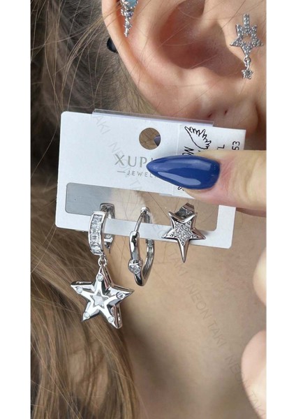 Çoklu Küpe, Zirkon Taş, Yıldız, Platinyum Kaplama Çelik Küpe 553, Gümüş Renk