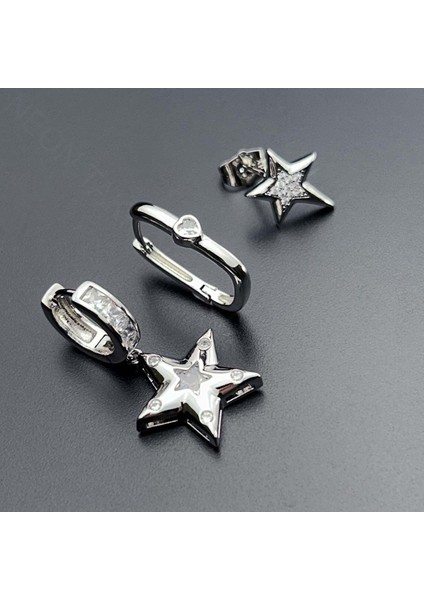 Çoklu Küpe, Zirkon Taş, Yıldız, Platinyum Kaplama Çelik Küpe 553, Gümüş Renk fiyatları