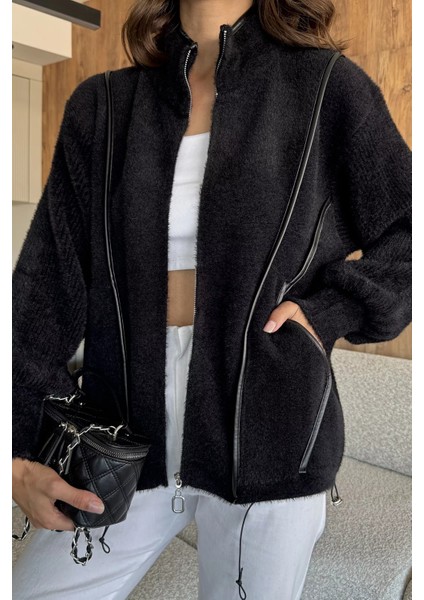 Deri Detaylı Angora Iplik Kadın Triko Ceket P-00017984