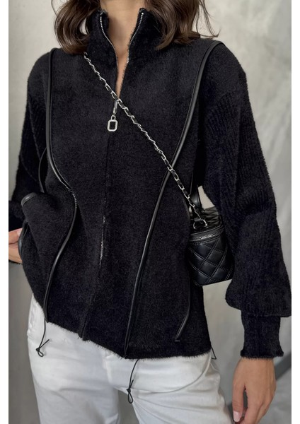 Deri Detaylı Angora Iplik Kadın Triko Ceket P-00017984 fiyatları
