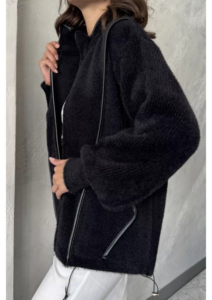 Deri Detaylı Angora Iplik Kadın Triko Ceket P-00017984 modelleri