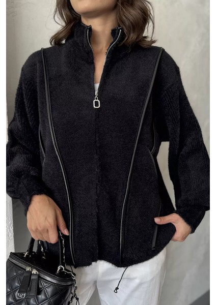 Deri Detaylı Angora Iplik Kadın Triko Ceket P-00017984 fırsatları