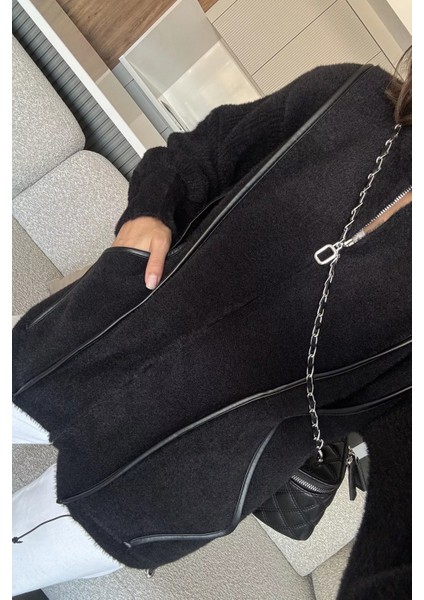 Deri Detaylı Angora Iplik Kadın Triko Ceket P-00017984 indirimleri