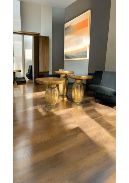 Masif Doğal Ahşap Mantar Sehpa Takımı – Tütün Renk 3’lü Zigon ve Fiskos Sehpa