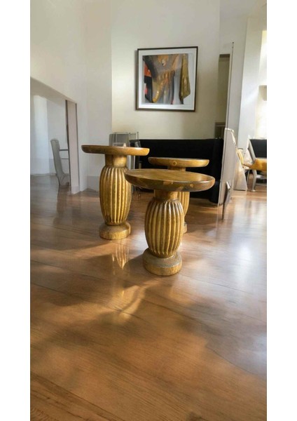 Masif Doğal Ahşap Mantar Sehpa Takımı – Tütün Renk 3’lü Zigon ve Fiskos Sehpa fiyatları