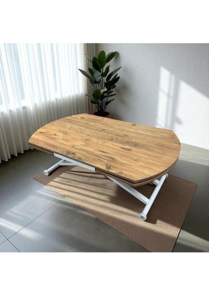 Yan Baştan Açılır Oval Akıllı Yemek Masası Mdf Tabla Alt Mekanizma Metal Beyaz Renk