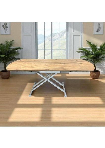 Yan Baştan Açılır Oval Akıllı Yemek Masası Mdf Tabla Alt Mekanizma Metal Beyaz Renk modelleri