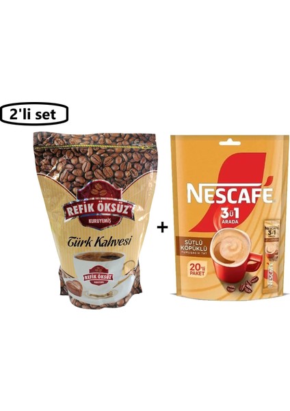 Öksüz Orta Kavrulmuş Türk Kahvesi 500 gr + Nescafe 3'ü1 Arada Sütlü Köpüklü 20'li Paket (2'li Set)