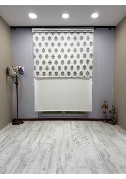 Gri Damask Desenli Çift Mekanizmalı Tül ve Stor Perde - Simli Kumaş, Simli Stor Perde
