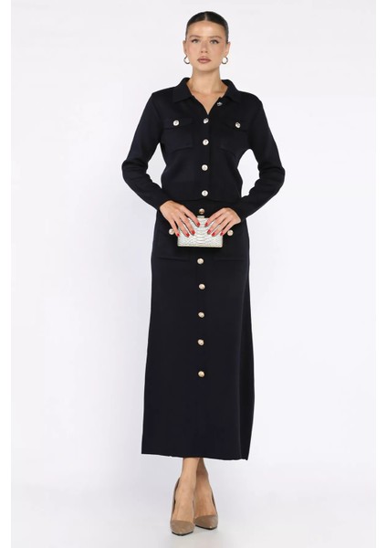 Düğme Detaylı Hırka Etek Triko Ikili Takım P-00017973