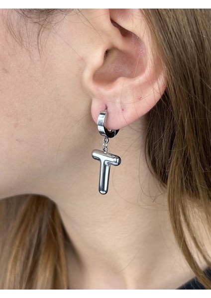 T Harfi, Balon Formlu, Paslanmaz Çelik Küpe 299, Gümüş Renk