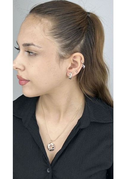 Zirkon Taşlı, Küpe Ve Kolye, Altın Kaplama Çelik Set 41, Pembe (ROSE) Renk