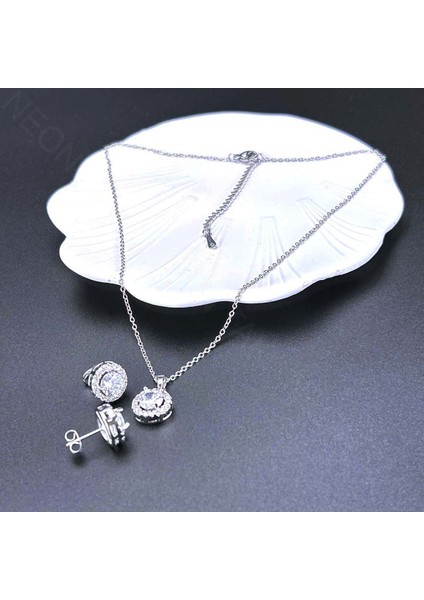 Zirkon Taşlı, Yuvarlak Model, Paslanmaz Çelik Kolye Ve Küpe Set48, Gümüş Renk modelleri