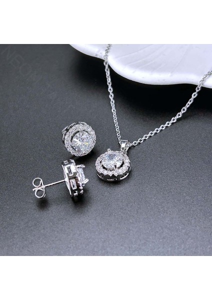 Zirkon Taşlı, Yuvarlak Model, Paslanmaz Çelik Kolye Ve Küpe Set48, Gümüş Renk fırsatları
