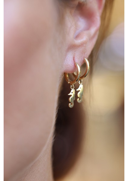 14 Ayar Altın Denizatı Obje Detaylı Halka Küpe modelleri