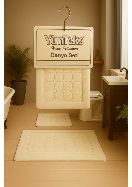 Pamuk Tufting 2'li Klozet Takımı , Banyo Seti , Banyo Paspas Seti , Su Emici,petek Desen