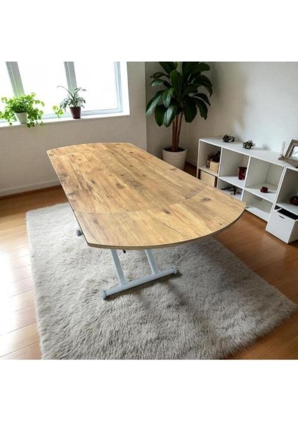 Yan Baştan Açılır Oval Akıllı Yemek Masası Mdf Tabla Alt Mekanizma Metal Beyaz Renk indirimleri