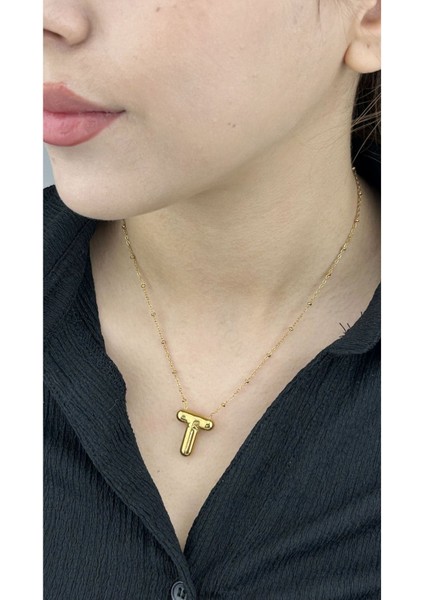 T Harfi, Balon Formlu, Paslanmaz Çelik Kolye 154, Altın Renk