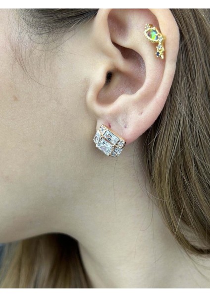 Küpe, Zirkon Taşlı, Kararmayan Paslanmaz Çelik, Baget Model, Pembe (Rose) Renk, Model253