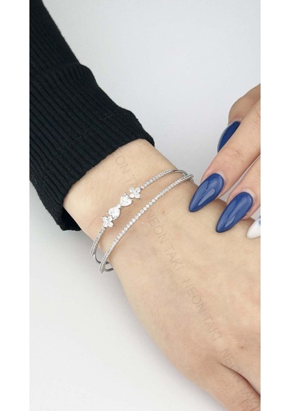 Zirkon Taşlı, Çiçek ve Kurdele Figürlü Vip Seri Kelepçe 170, Silver Renk