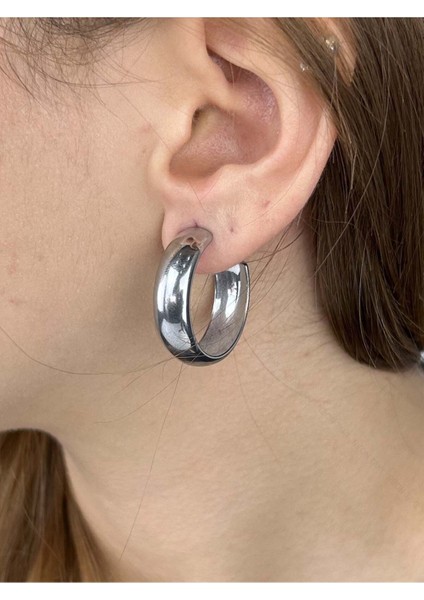 Geniş Yassı Formlu, Halka Model, Paslanmaz Çelik Küpe 353, Gümüş Renk