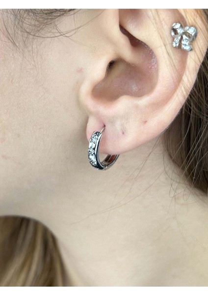 Zirkon Taşlı, Yıldız, Halka Model, Paslanmaz Çelik Küpe 545, Gümüş Renk