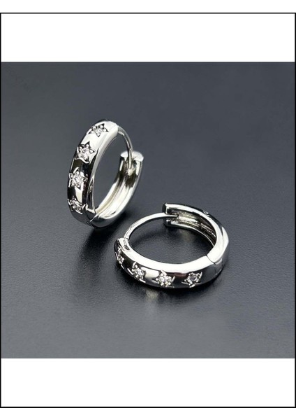 Zirkon Taşlı, Yıldız, Halka Model, Paslanmaz Çelik Küpe 545, Gümüş Renk modelleri