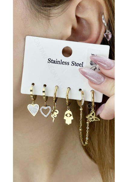 Çoklu Küpe, Zirkon Taşlı, Paslanmaz Çelik Küpe 83, Altın Renk