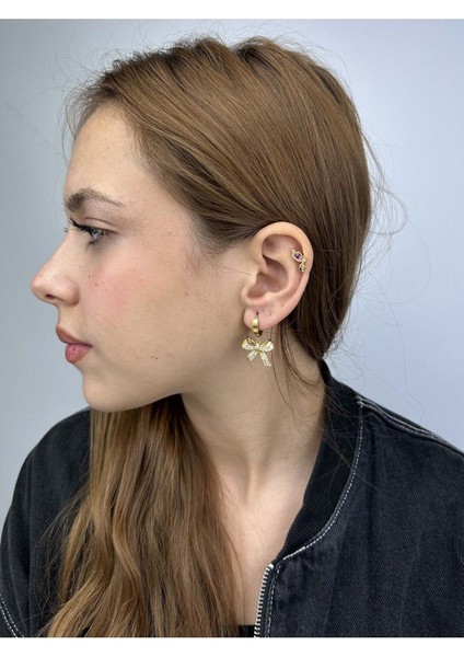 Zirkon Taşlı, Kurdela Figürlü, Paslanmaz Çelik Küpe, Altın Renk fiyatları