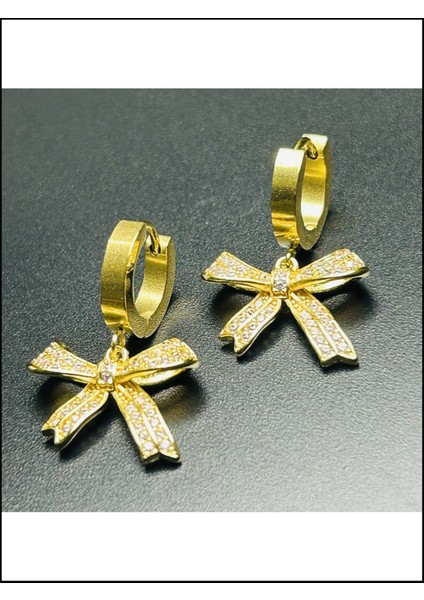 Zirkon Taşlı, Kurdela Figürlü, Paslanmaz Çelik Küpe, Altın Renk modelleri