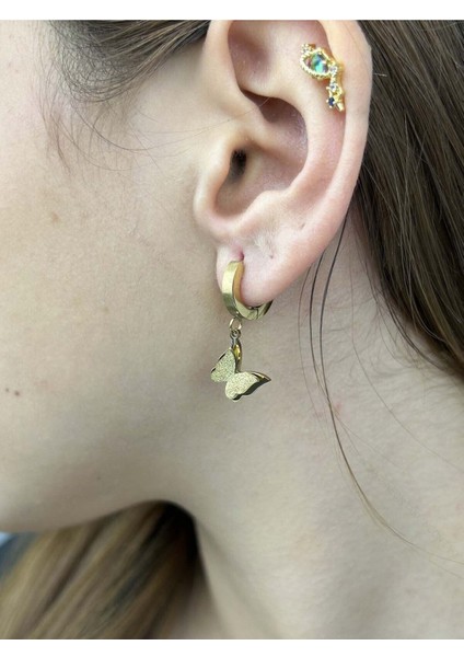 Kelebek Sallantılı, Paslanmaz Çelik Küpe 53, Altın Renk