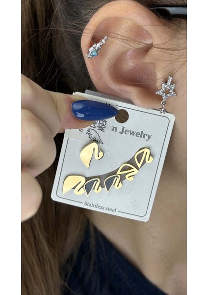 Çoklu Küpe, Kuğu Figürlü, Paslanmaz Çelik Küpe 109, Altın Renk