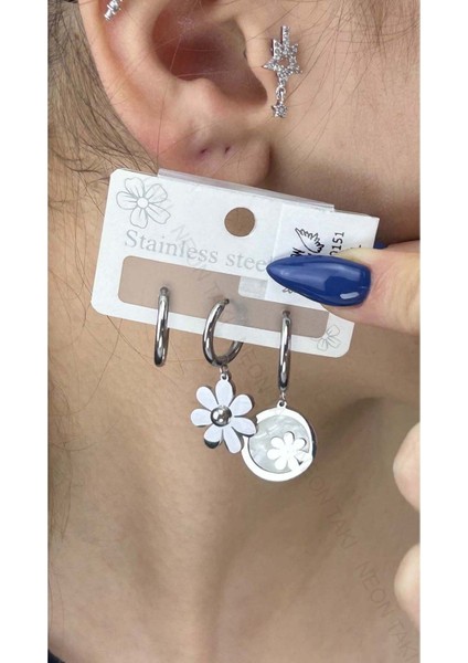 Çoklu Küpe, Çiçek, Sallantılı, Halka, Paslanmaz Çelik Küpe 151, Gümüş Renk