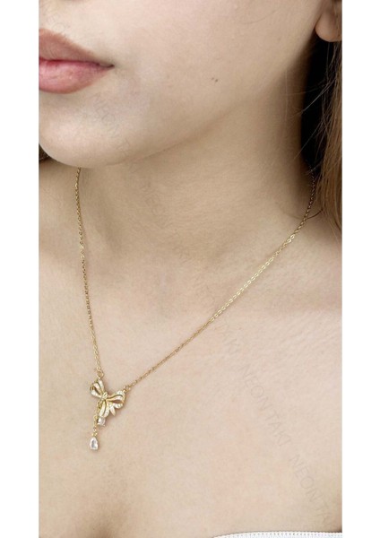 Zirkon Taşlı, Kurdela figürlü, Paslanmaz Çelik Kolye 379, Altın Renk