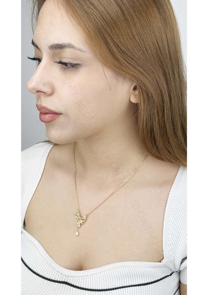 Zirkon Taşlı, Kurdela figürlü, Paslanmaz Çelik Kolye 379, Altın Renk fiyatları