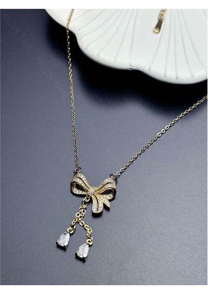 Zirkon Taşlı, Kurdela figürlü, Paslanmaz Çelik Kolye 379, Altın Renk modelleri