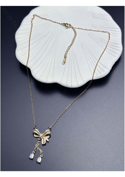 Zirkon Taşlı, Kurdela figürlü, Paslanmaz Çelik Kolye 379, Altın Renk fırsatları