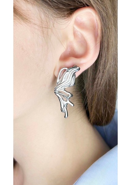 Kelebek Formunda Paslanmaz Çelik Küpe 646, Gümüş Renk