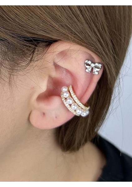 Zirkon Taşlı Ve Incili, Kulak Kıkırdak Bölgesi Bijuteri Küpe 511, Altın Renk