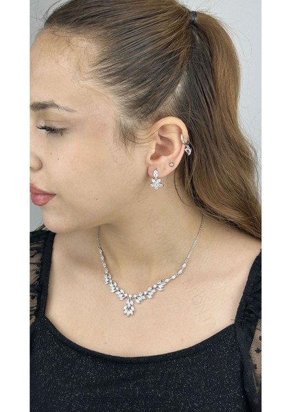 Zirkon Taşlı, Rodyum Kaplama Kolye Küpe Seti 58, Gümüş Renk modelleri