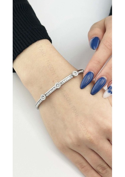 Zirkon Taşlı, Paslanmaz Çelik Kelepçe Bileklik 133, Gümüş Renk