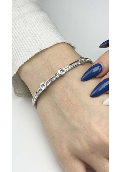 Zirkon Taşlı, Paslanmaz Çelik Kelepçe Bileklik 133, Gümüş Renk fiyatları