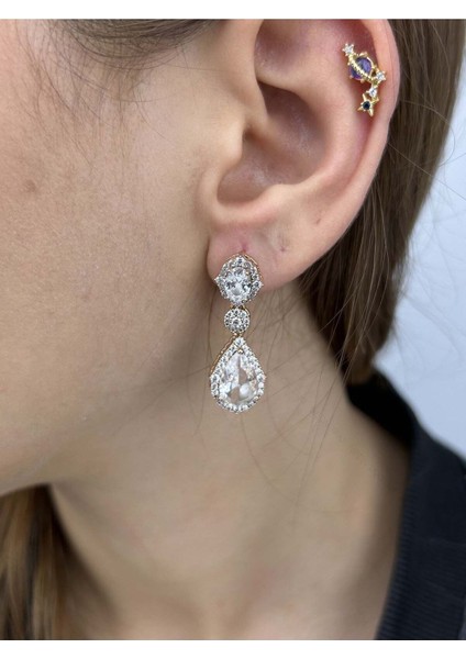 Zirkon Taşlı, Sallantılı, Altın Kaplama Paslanmaz Küpe 446, Pembe (ROSE) Renk