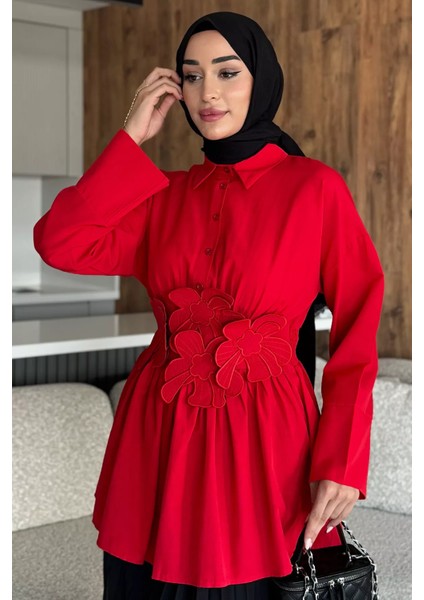 Gömlek Yaka Papatya Aplikeli Bel Lastikli Tesettür Tunik P-00017985