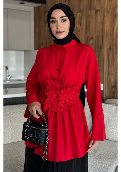 Gömlek Yaka Papatya Aplikeli Bel Lastikli Tesettür Tunik P-00017985 fiyatları