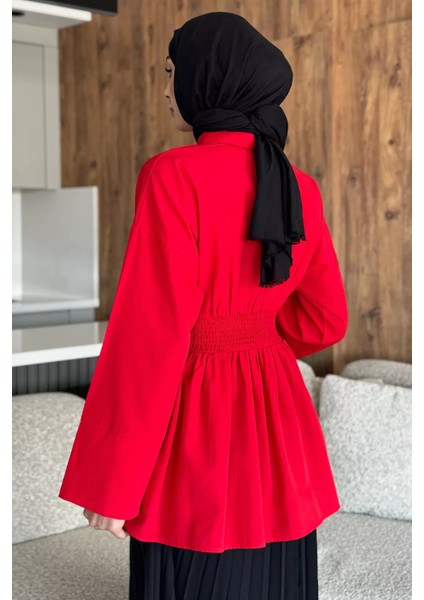 Gömlek Yaka Papatya Aplikeli Bel Lastikli Tesettür Tunik P-00017985 fırsatları